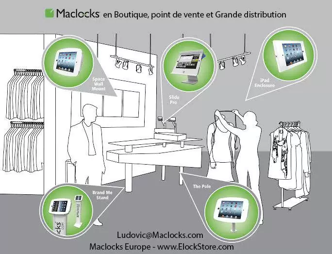tablette en boutique et solution maclocks de sécurisation et présentation de tablette Instore Maclocks ElockStore Compulocks Galaxyenclosure support tablette antivol pour boutique et point de vente maclocks compulocks elockstore